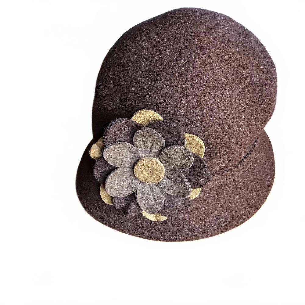 Brown Felt Cloche Hat With Decorative Flower Accent